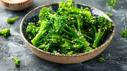 Broccolini salad, broccoli in bowl, rustic ingredient plate lunch summer