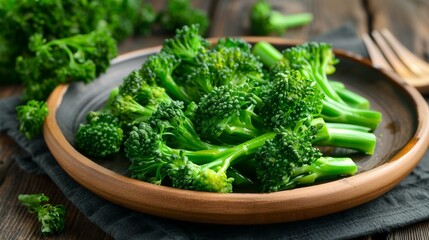 Broccolini salad, broccoli on wooden table, rustic crockery plate eating ripe