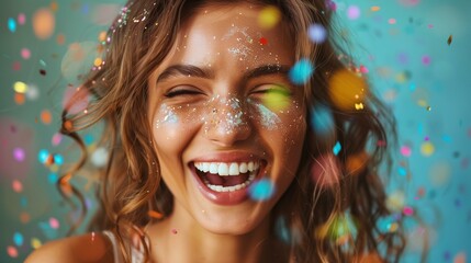 Beaming with delight excitement, woman with confetti on her face, enjoyment lifestyle toothy smile party cute