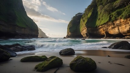 Beautiful panoramic view of the ocean and cliffs on the beach