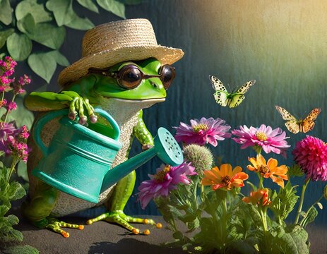 A green frog with delicate, rimless glasses tending to a vibrant flower garden