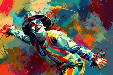 Colorful painting of a clown wearing a hat and sunglasses. Ideal for carnival or circus-themed designs