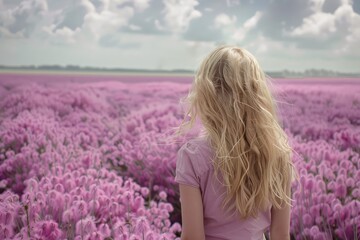 Violet-Pink Fields Landscape with a Young Girl Enjoying Nature, Copy Space for Text