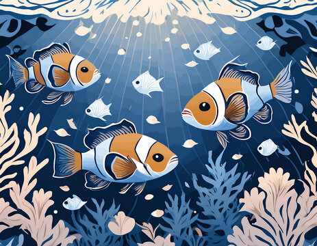 tropical clownfish painted background coral reef with fishes backdrop wallpaper