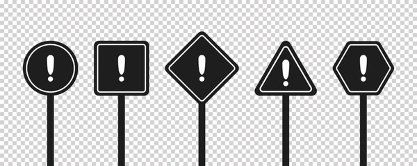 Set of round, square, rhombic, triangular and hexagonal black road signs with exclamation point. Caution sign. Vector icons for warning about the situation on the road. Transparent isolated background