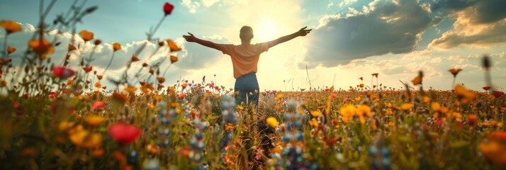 Happy Man in Blooming Flowers Field, Facing The Sky, Success Celebration,Thanks Gesture, Blessing God