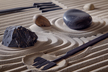 A tranquil and soothing background with a Japanese zen garden sand pattern, including subtle rakes and smooth stones.