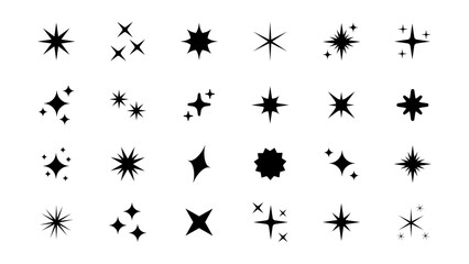 Set of original star sparkle shapes. Abstract shine effect vector sign. Retro futuristic bright vector icons collection. Glowing light effect, twinkle templates stars and bursts, shiny flash.