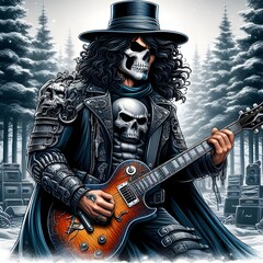 The Spirit Rider hero wears a skull-plated mechanic's uniform while playing an electric guitar.