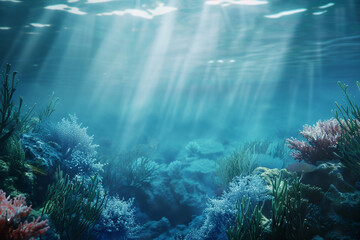 A tranquil background depicting an underwater seascape with soft corals and subtle light rays filtering through blue water.