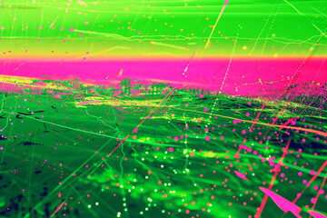 A vibrant, abstract field of neon green and hot pink, with random dots and lines scattered across like a digital glitch art piece.