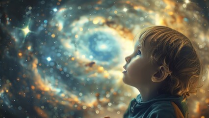 A Wonder-Filled Gaze: Exploring the Enchantment of a Galaxy Through a Child's Eyes Amidst the Splendor of a Luminous Starry Night.