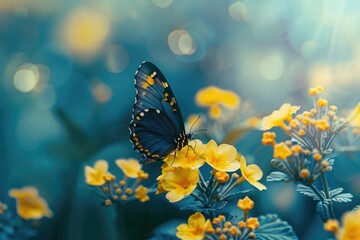 A beautiful butterfly perched on a vibrant yellow flower. Ideal for nature and gardening concepts