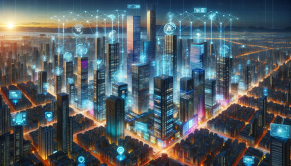 A futuristic smart city's panoramic skyline at twilight. Each building is interconnected through glowing, visible data.