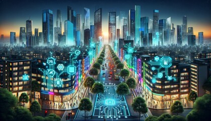 A futuristic smart city's panoramic skyline at twilight. Each building is interconnected through glowing, visible data.