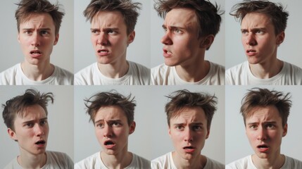 Fototapeta premium A series of photos capturing a man making various facial expressions. Suitable for illustrating emotions and expressions