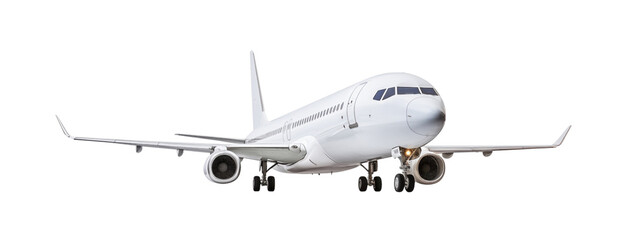 Modern passenger airplane ascending with landing gear down, isolated against a transparent background, illustrating aviation and travel. Generative AI