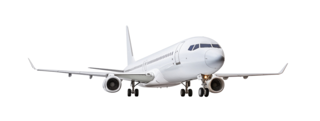 Modern passenger airplane ascending with landing gear down, isolated against a transparent background, illustrating aviation and travel. Generative AI