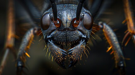 The intense and alienlike face of an ant, showcasing its mandibles and multifaceted eyes, set in a dramatic, shadowy environment