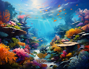 tropical coral reef seascape painted background underwater plant life backdrop wallpaper