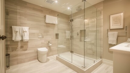 An elegantly designed modern bathroom with glass shower enclosure, chrome fixtures, and subtle lighting that enhances the luxurious feel