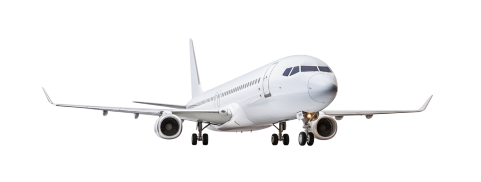 Modern passenger airplane ascending with landing gear down, isolated against a transparent background, illustrating aviation and travel. Generative AI