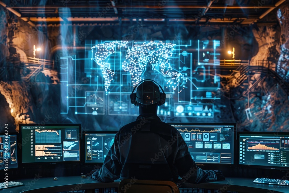 Poster a man sitting in front of multiple computer monitors. ideal for technology and business concepts