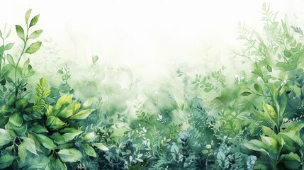 Artistic depiction of dense, lush watercolor greenery, featuring deep and light greens, meticulously isolated on a white background to highlight the naturalistic details