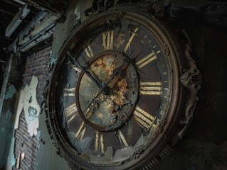 Obraz premium Artistic high-res photo of a decaying clock face in an abandoned building, serving as a stark symbol of the relentless passage of time and its effects