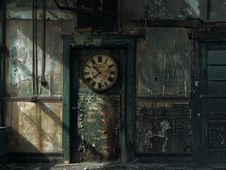 Artistic high-res photo of a decaying clock face in an abandoned building, serving as a stark symbol of the relentless passage of time and its effects