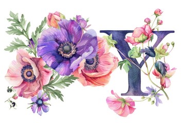 Watercolor painting of the letter Y surrounded by flowers. Suitable for various design projects