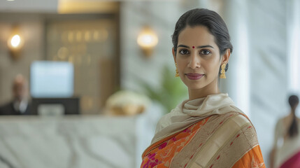 Young beautiful indian female hotel concierge in traditional saree