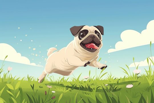 Cute cartoon pug dog running in grass, perfect for pet-related designs