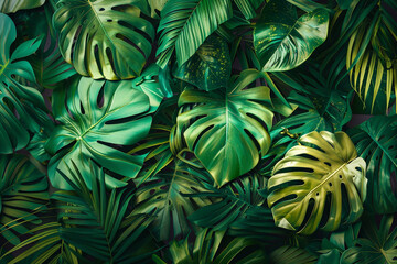 A vibrant background with a detailed botanical print featuring tropical leaves in various shades of green, providing a lush, natural look.