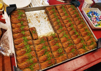 Azerbaijani, Turkish, oriental baklava sweets on the shop window.