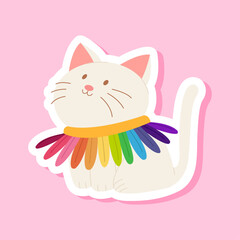 Cute cat in a collar of daisies. Rainbow daisy. Cute sticker. Colorful cartoon character. Vector illustration in flat style.