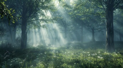 The eerie beauty of a misty forest with rays of sunlight peeking through the trees..