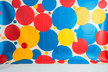 A vibrant background with an oversized pop art dot pattern in bold colors like red, blue, and yellow on a stark white base.