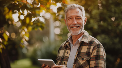 Obraz premium Mature man with a beard and glasses, holding a tablet and looking at the camera outdoor 