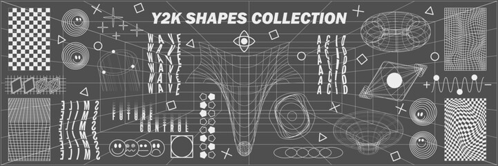 Abstract geometry hud wireframe shapes and patterns, cyberpunk elements, icon s and perspective grid s. Surreal geometric signs. Rave psychedelic futuristic Y2k acid aesthetic set. Vector illustration