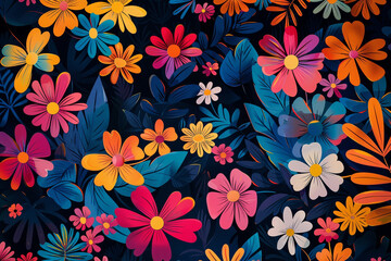 A whimsical background with an oversized floral pattern in bright and bold colors against a dark, dramatic backdrop.