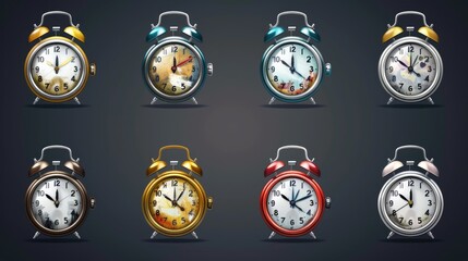 Four different colored alarm clocks set, suitable for time management concepts
