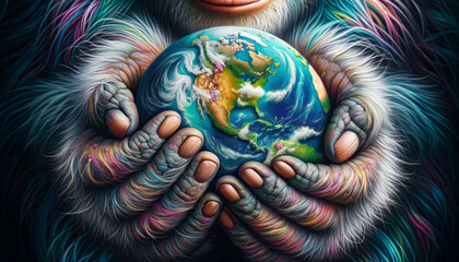A monkey is holding a globe in its hands