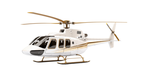 Luxurious private helicopter with gold and white livery, poised for takeoff on a clear day. Generative AI