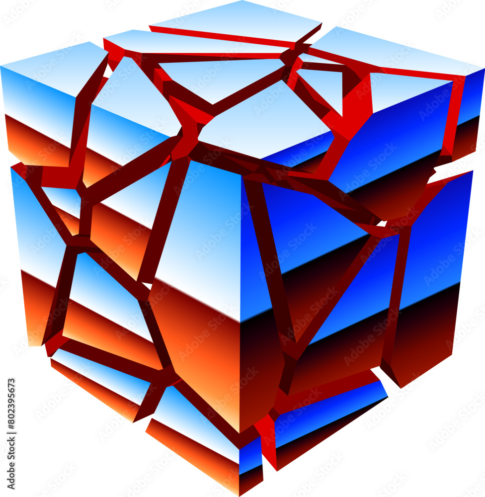 Poster Abstract chrome cube with 80s styled reflection. Exploded 80s chrome cube, with particles in synthwave style