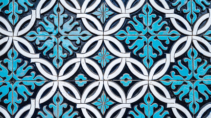 ceramic tile mosaic with traditional oriental Arabic Uzbek pattern decorated with blue and white...