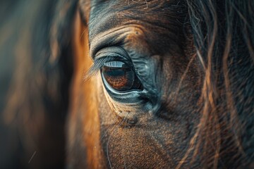 Detailed close up of a brown horse's eye. Suitable for animal and nature themes