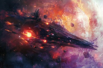A spaceship soaring through a galaxy of twinkling stars. Ideal for sci-fi and space-themed projects