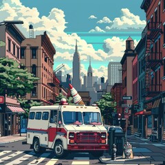 Obraz premium An ice cream truck is parked on a city street. There are buildings on both sides of the street and a tall skyscraper in the distance. The sky is blue and there are some clouds. The ice cream truck is