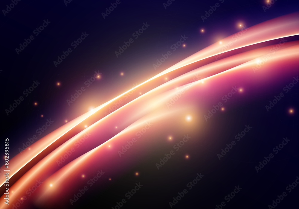 Poster abstract neon glowing line in motion with light sparkles and flares. futuristic background, with neo